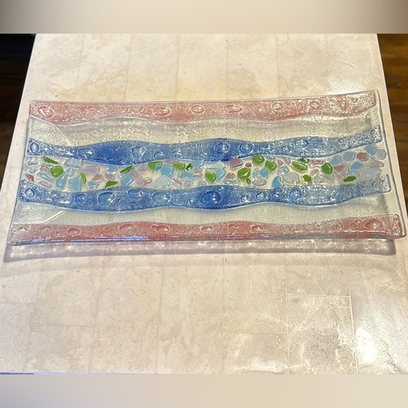 Multicolor Rectangular Textured Bent Fused GLASS Serving Trinket Decorative TRAY - Picture 8 of 8